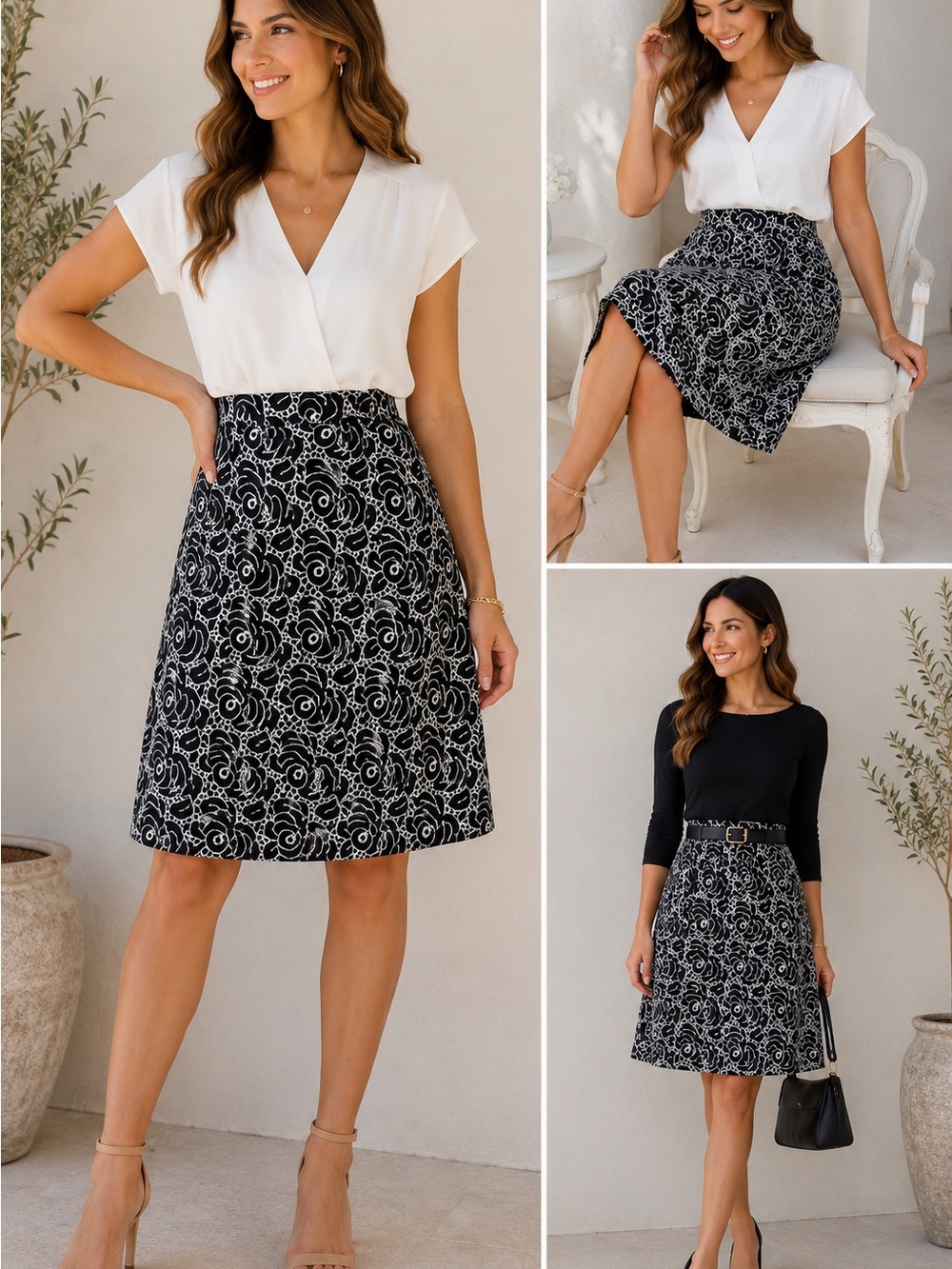 Harold's Black & White Floral A-Line Skirt